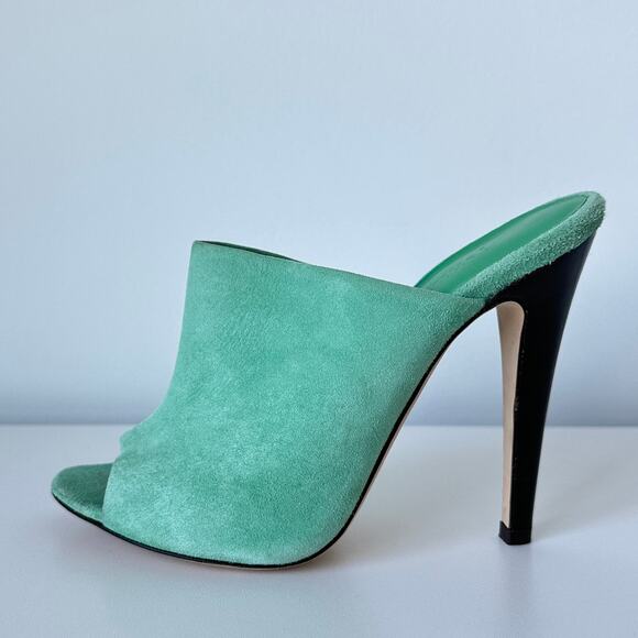 Jenni Kayne Green Suede Peep Toe Mule Heels Size 37 - Picture 12 of 14